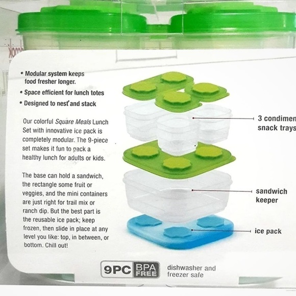 Good Cook Square Meals 9 Piece Lunch Set Green Modular with Icepack NWT Barcode - Picture 4 of 8